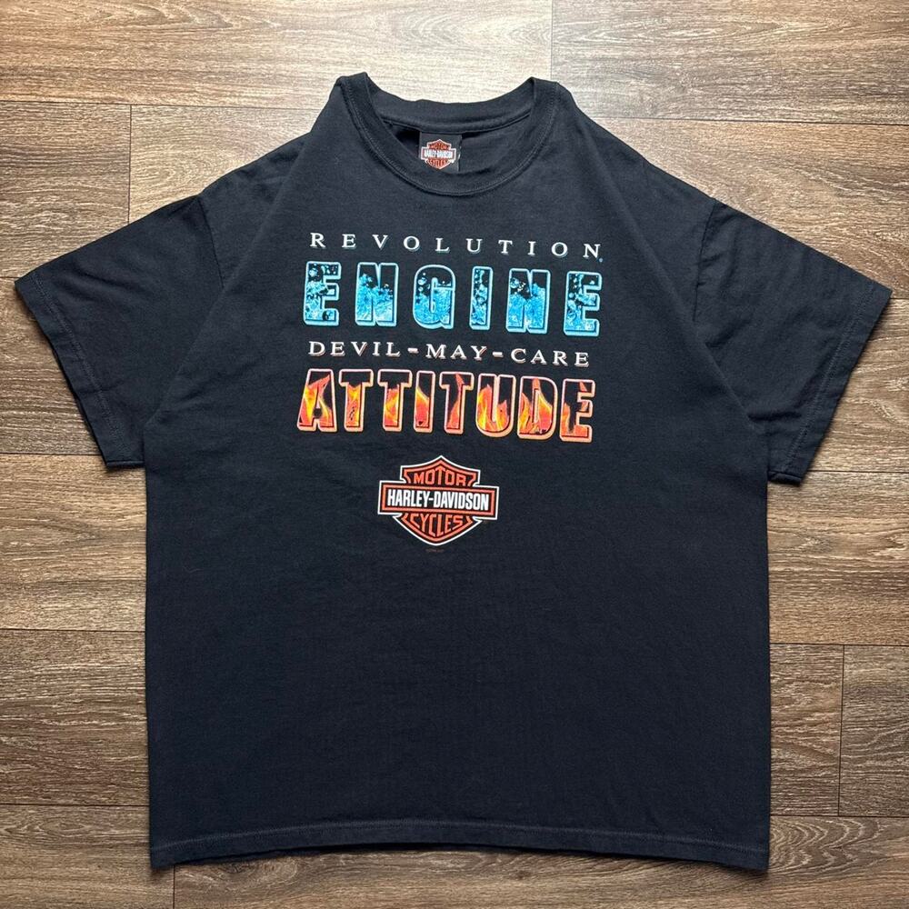 Y2K Harley Davidson Black Tee with 'REVOLUTION ENGINE DEVIL-MAY-CARE ATTITUDE'